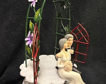 Gray hair Seniors mature Older Garden Gate  Wedding Cake Topper Groom top