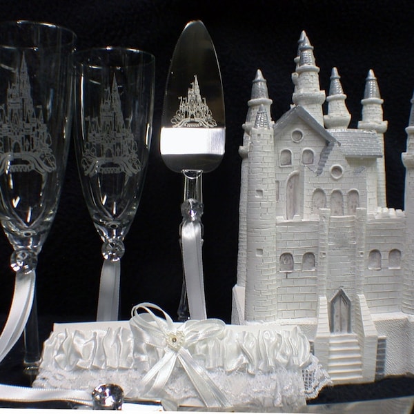 Fairytale Castle Cake Topper wedding LOT Glasses, Server, Knife, Cinderella Centerpiece decoration decor Princess Prince