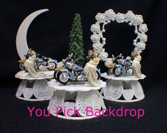 Wedding Cake Topper with 2 sexy Harley Hogs Davidson Motorcycles  Bikes OR Glasses , Knife set OR Guest book Set