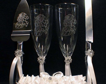 Belle Dance Beauty and the Beast Wedding Cake Topper lot Glasses, knife, server set