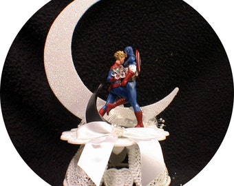 Captain America bride Wedding Cake Topper Top Super Hero Moon funny Groom top Marvel Comic