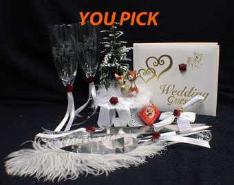 Cute Rudolf & Clarice Raindeer Winter Wonderland Christmas Wedding Cake Topper or Toasting glasses, Sever and knife set,