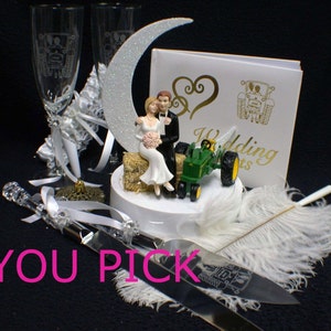 John Deere Tractor Country Western Wedding Theme, Cake Topper  OR Glasses Knife Server set,  You Pick Funny Farmer Barn