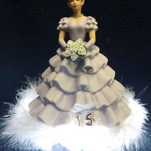 Quinceanera 15 Birthday Cake Topper Beautiful porcelain figurine with LIGHTED base sweet 16 Purple lavender Centerpiece Decoration decor
