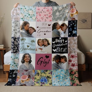 おばあちゃんの写真コラージュブランケット - 花柄パッチワークのパーソナライズされたスロー（文字入り）母の日のお母さんへのプレゼントに最適