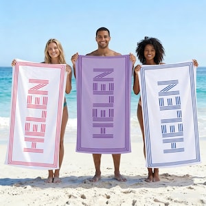 Anpassad strandhandduk med namnlinjetryck, personlig strandhandduk med minimalistisk linjedesign, Morden linjärt mönster, present till vänner