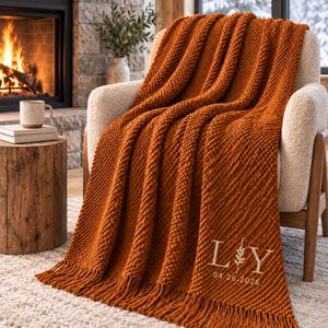 Personalized Knit Sofa Throw with Fringe, Embroidered Name or Initials, Decorative Blanket for Couch and Bed in Your Choice of Colors