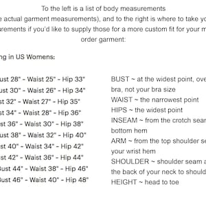 May include: A sizing chart for garments with text explaining body measurements in US sizes. The left side lists sizes XS through XL with corresponding bust, waist, and hip measurements in inches. The right side provides instructions for measuring the bust, waist, hips, inseam, arm, shoulder, and height.