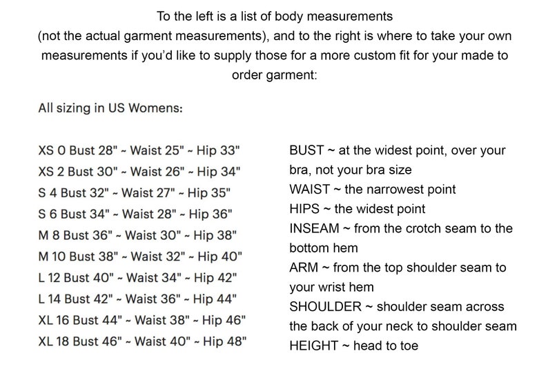 May include: A sizing chart for garments with text explaining body measurements in US sizes. The left side lists sizes XS through XL with corresponding bust, waist, and hip measurements in inches. The right side provides instructions for measuring the bust, waist, hips, inseam, arm, shoulder, and height.