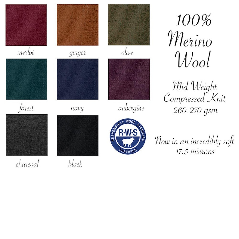 K&ouml;nnte beinhalten: Eine Farbkarte mit acht Stoffmustern aus 100% Merinowolle in Merlot, Ingwer, Oliv, Waldgr&uuml;n, Marineblau, Aubergine, Anthrazit und Schwarz. Der Text lautet 100% Merino Wool, Mid Weight Compressed Knit 260-270 gsm, 17.5 microns und ein RWS-Logo.