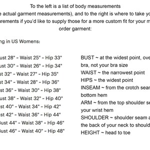 May include: A sizing chart for garments with text explaining body measurements in US sizes. The left side lists sizes XS through XL with corresponding bust, waist, and hip measurements in inches. The right side provides instructions for measuring the bust, waist, hips, inseam, arm, shoulder, and height.