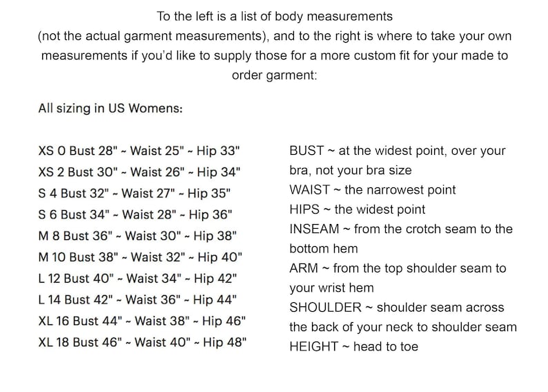 May include: A sizing chart for garments with text explaining body measurements in US sizes. The left side lists sizes XS through XL with corresponding bust, waist, and hip measurements in inches. The right side provides instructions for measuring the bust, waist, hips, inseam, arm, shoulder, and height.