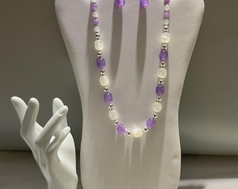 Lavender Purple Amethyst and White Quartz Necklace Earrings Bracelet Set - Spring Jewelry