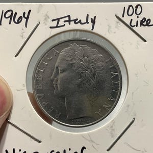 1964 Italian 100 Lire Coin: Laureate Head, Standing Man
