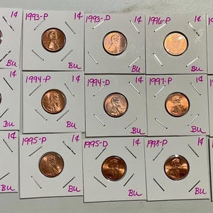 1990s Complete Brilliant Uncirculated P+D Mints Set of One Cent Lincoln Memorial Pennies - 1990 to 1999 P+ D Mint Pennies BU Shiny Pennies