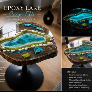 Handmade Epoxy River Table – Ocean Design with Shells – Unique Side Table with Glow Effect