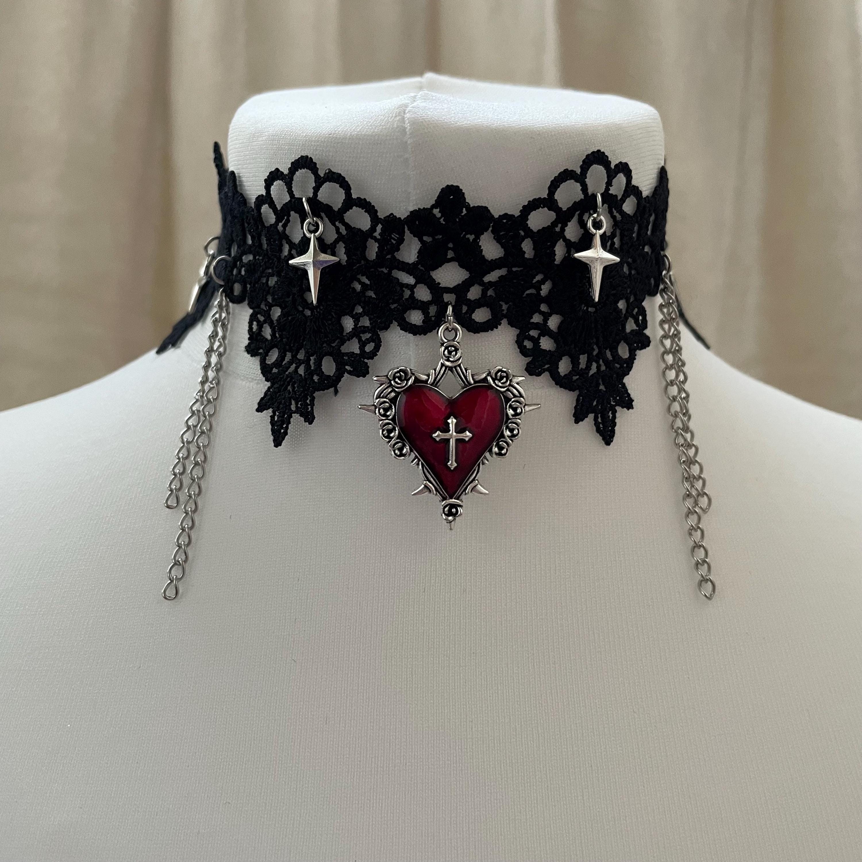 Gothic Black Filigree Lace Choker, Red Rose Thorn Heart Pendant