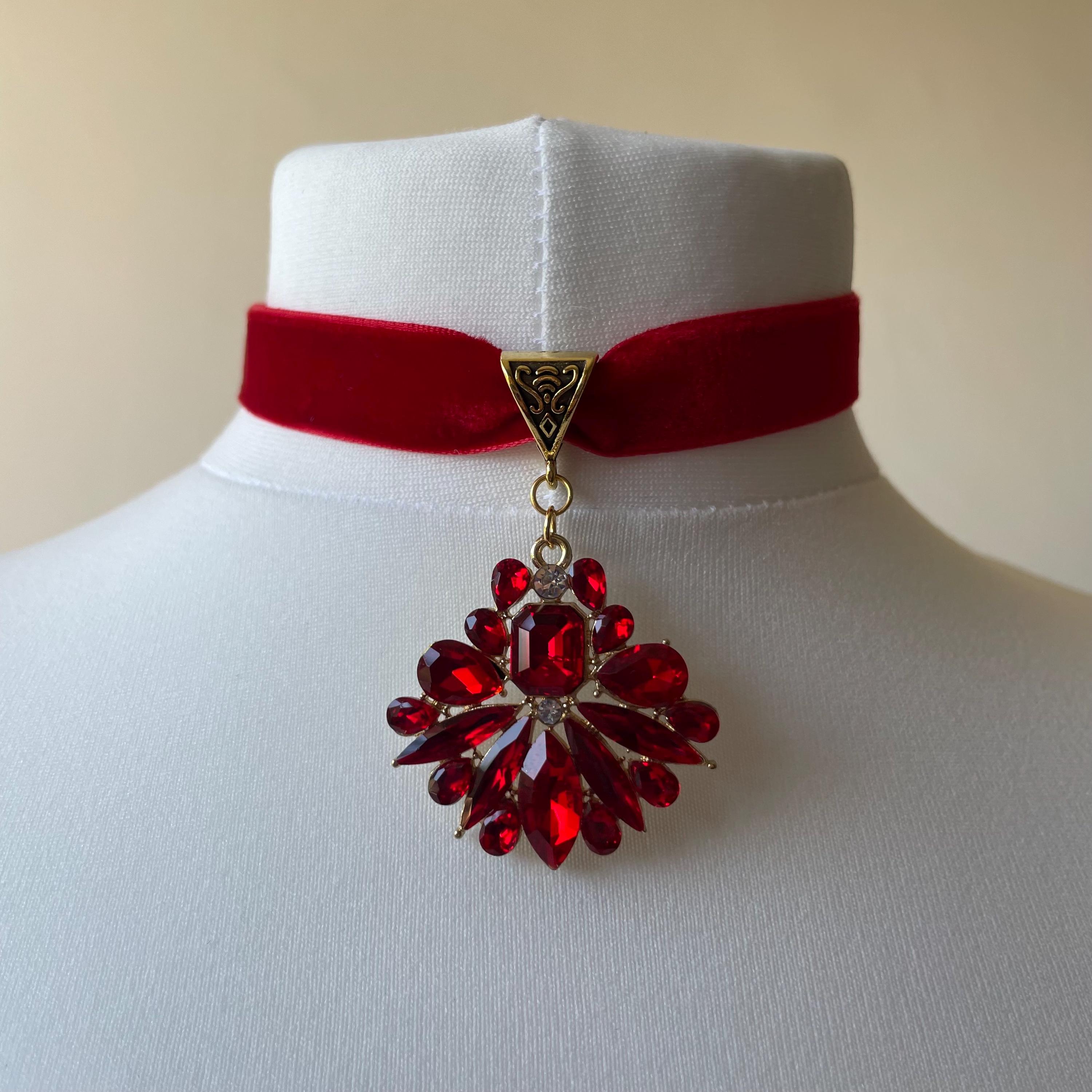 Red and gold art deco gems pendant, rhinestone red velvet ribbon vintage style choker, regal gothic necklace