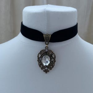 Gothic black velvet ribbon choker with victorian style clear sparkling crystal cameo pendant, regal elegance collar, adjustable necklace