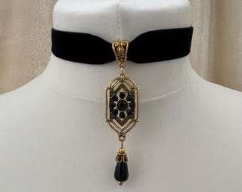 Black velvet ribbon art deco style choker, ancient gold ornate black stones and bead drop pendant