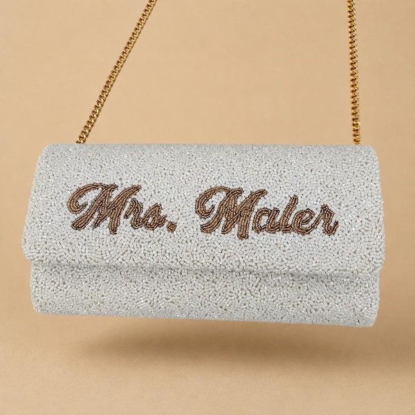 Personalized Beaded Clutch Bag for Bride, Custom name Wedding Purse