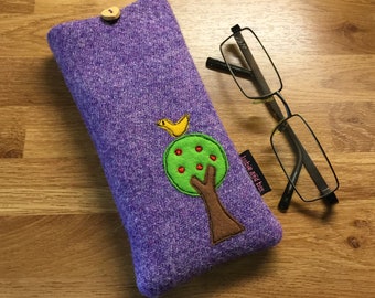 Embroidered glasses case, lilac Harris Tweed, specs case, eyeglass case, embroidered Harris Tweed, tree lover, bird lover