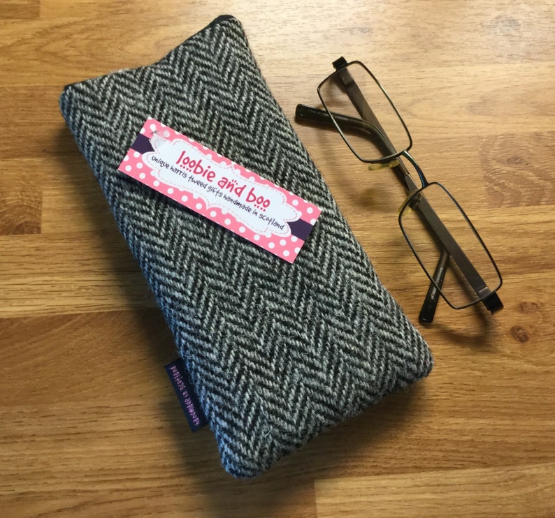 Grey herringbone Harris Tweed glasses case man gift mens Etsy