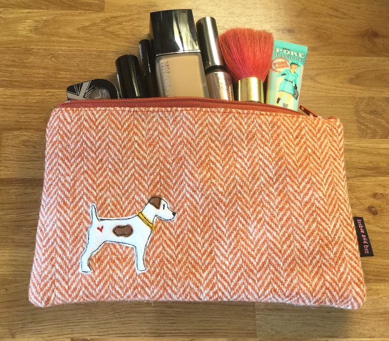 Jack Russell lover dog zip pouch makeup case dog zipped case orange herringbone Harris Tweed Jack Russell case makeup bag dog lover