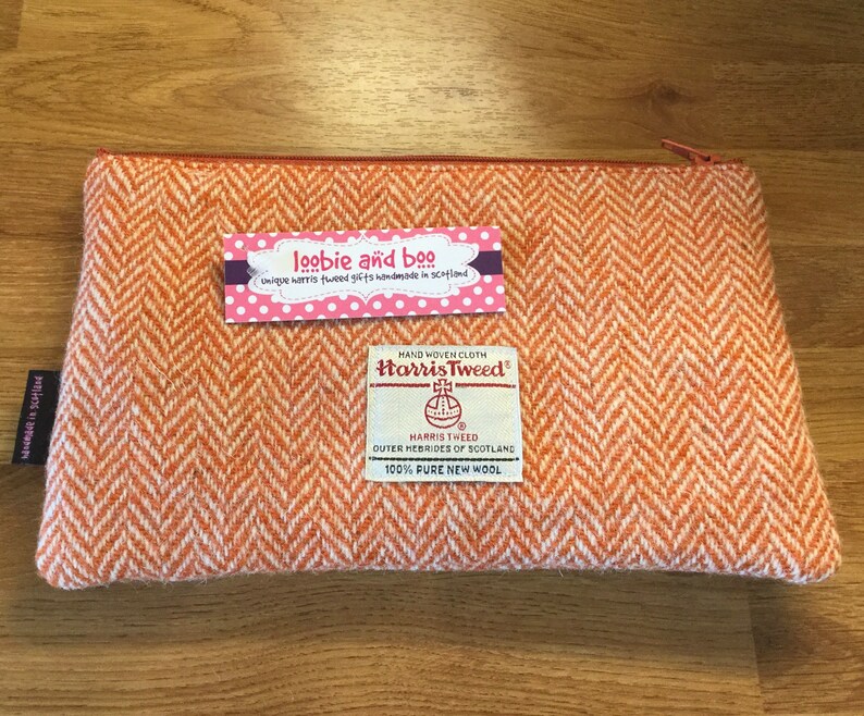 Jack Russell lover dog zip pouch makeup case dog zipped case orange herringbone Harris Tweed Jack Russell case makeup bag dog lover