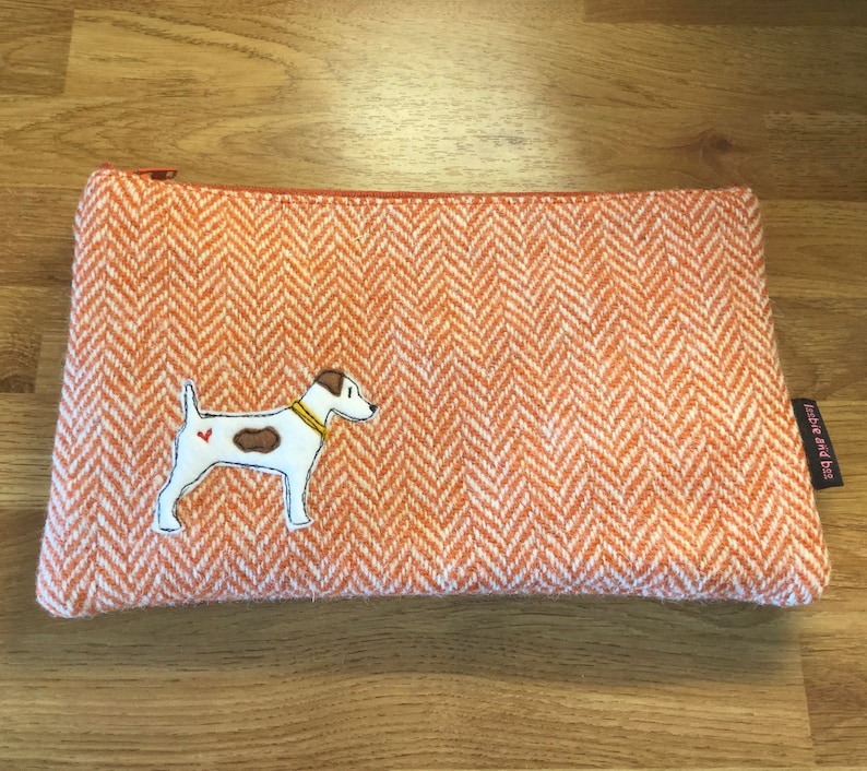 Jack Russell lover dog zip pouch makeup case dog zipped case orange herringbone Harris Tweed Jack Russell case makeup bag dog lover