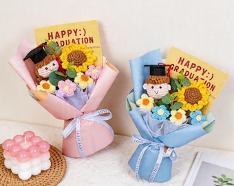 Crochet Class of 2026 Gift Graduation Bouquet - Doll, Sunflower, Daisy, Handmade Yarn Bouquet