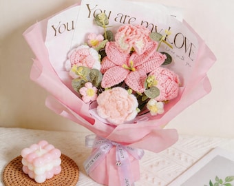 Crochet Lily Yarn Bouquet - Handmade Lily, Daisy, Rose Bouquet,  Gift for Mom, Graduation