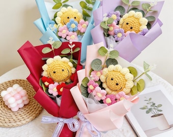 Crochet Smiling Sunflowers Bouquet - Handmade Yarn Bouquet,  Gift for Mom, Graduation, Mother's Day