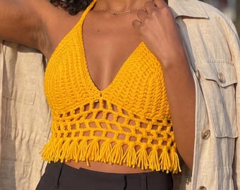 Spring Crochet Crop Top, Handmade Halter Top, Fringe Knit Top, Summer Festival Outfit, Boho Bralette, Beachwear Top, Gift for Her