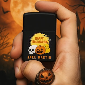 Personalized Halloween Lighter – Custom Skull & Pumpkin Zippo Style Gift – Happy Halloween Name Engraved Black Metal Lighter