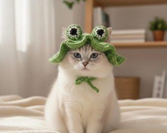 Gorro de rana de crochet hecho a mano para gatos • Disfraz divertido para mascotas