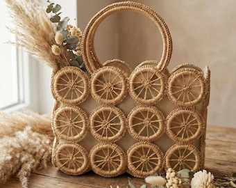 Borsa a mano in rattan intrecciato fatta a mano, borsa tote in rafia con fodera, borsa boho primaverile ed estiva, borsa intrecciata circolare, regalo in fibra naturale per lei