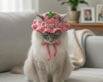 Handmade Pink Flower Crochet Cat Hat – Pet Photoshoot Costume
