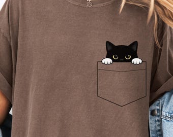 Peeking Black Cat Pocket T-Shirt, Minimalist Kitty Lover Tee, Cat Mom Gift