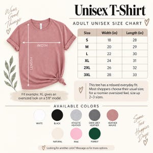 May include: A heather mauve unisex t-shirt displayed with an adult size chart showing widths and lengths in inches from S to 3XL. The image includes a color palette featuring white, black, athletic heather, dark grey heather, heather mauve, natural, pink, and forest.