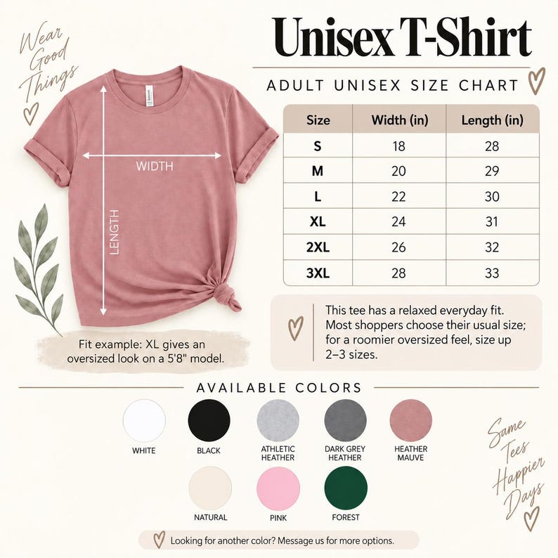 May include: A heather mauve unisex t-shirt displayed with an adult size chart showing widths and lengths in inches from S to 3XL. The image includes a color palette featuring white, black, athletic heather, dark grey heather, heather mauve, natural, pink, and forest.