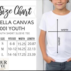 The image is a size chart for a youth short sleeve t-shirt, showing the measurements for different age groups.