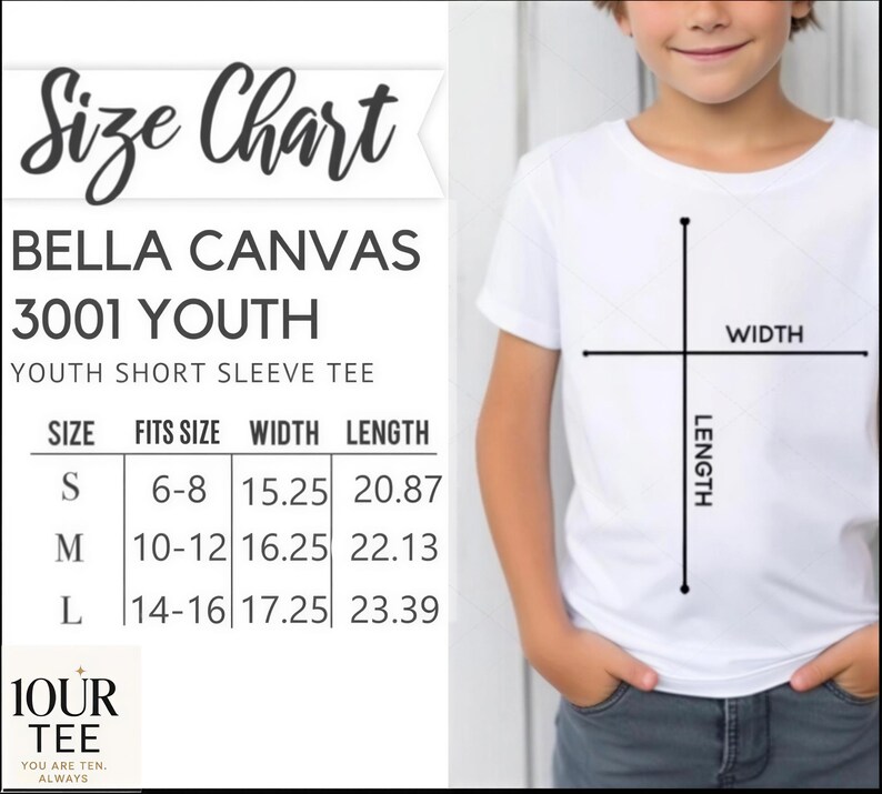 The image is a size chart for a youth short sleeve t-shirt, showing the measurements for different age groups.