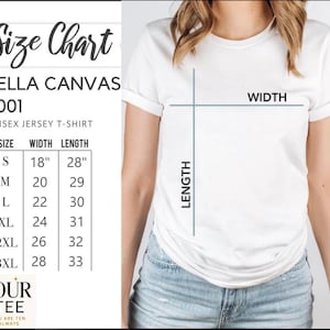 Puede incluir: Camiseta unisex blanca de punto de jersey con una tabla de tallas. La tabla enumera las tallas S a 3XL, con las medidas de ancho y largo en pulgadas. La camiseta es de Bella Canvas, modelo 3001.