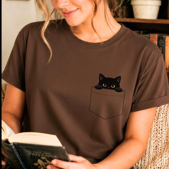 Peeking Black Cat Shirt, Cat Mom Gift, Comfort Colors Cat Tee, Minimalist Cat Pocket Shirt, Funny Cat Lover Tshirt