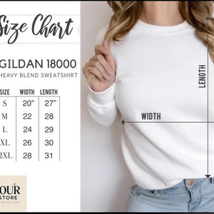 The image is a size chart for a GILDA 18000 heavy blend sweatshirt. The chart provides measurements for different sizes, including S, M, L, XL, 2XL, and 2.