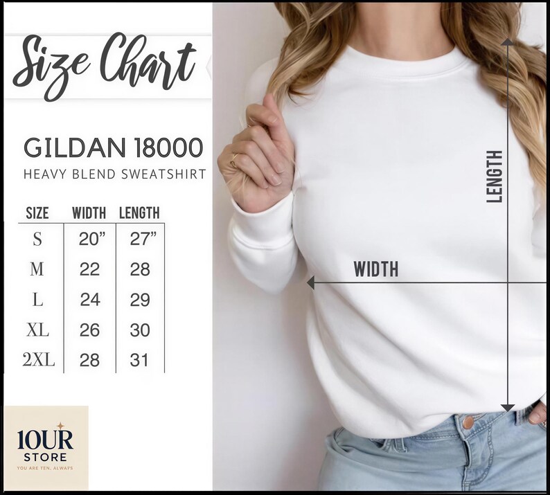 The image is a size chart for a GILDA 18000 heavy blend sweatshirt. The chart provides measurements for different sizes, including S, M, L, XL, 2XL, and 2.
