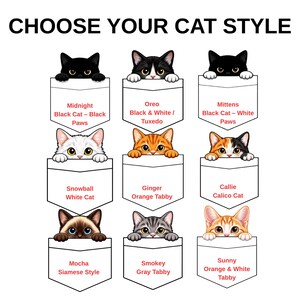 a collection of nine cat illustrations, each with a unique color and style, arranged in a grid format. The cats are depicted in various poses, such as peeking out from pocket, sitting, and standing, with different colors and patterns. The illustrations are diverse in terms of color, pattern, and style, showcasing a range of cat breeds and personalities.