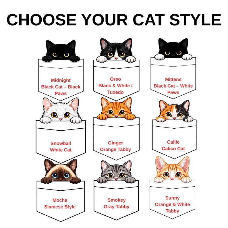 a collection of nine cat illustrations, each with a unique color and style, arranged in a grid format. The cats are depicted in various poses, such as peeking out from pocket, sitting, and standing, with different colors and patterns. The illustrations are diverse in terms of color, pattern, and style, showcasing a range of cat breeds and personalities.