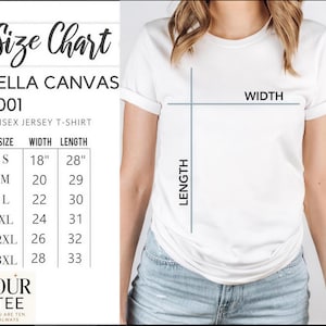 The image is a size chart for a white t-shirt, showing the measurements for different sizes.